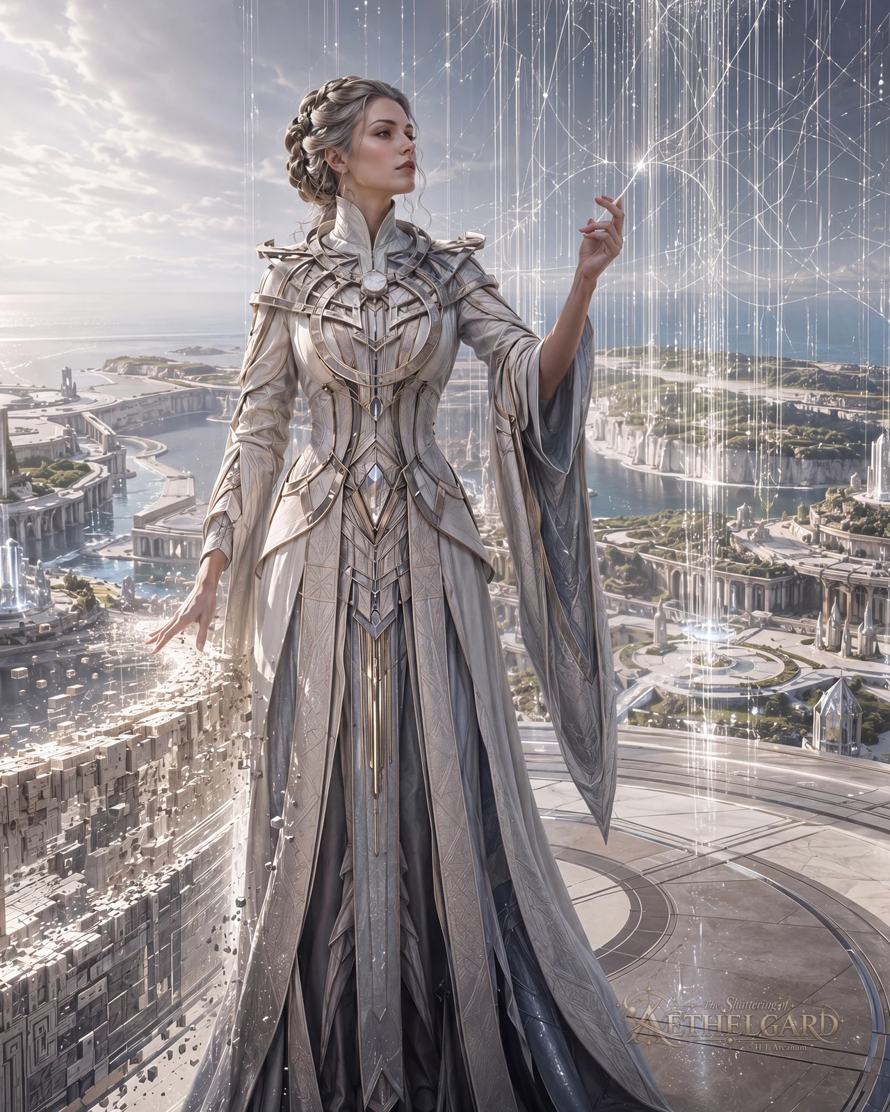Woman in white-gold robes weaving threads of light above a coastal city of ordered terraces.