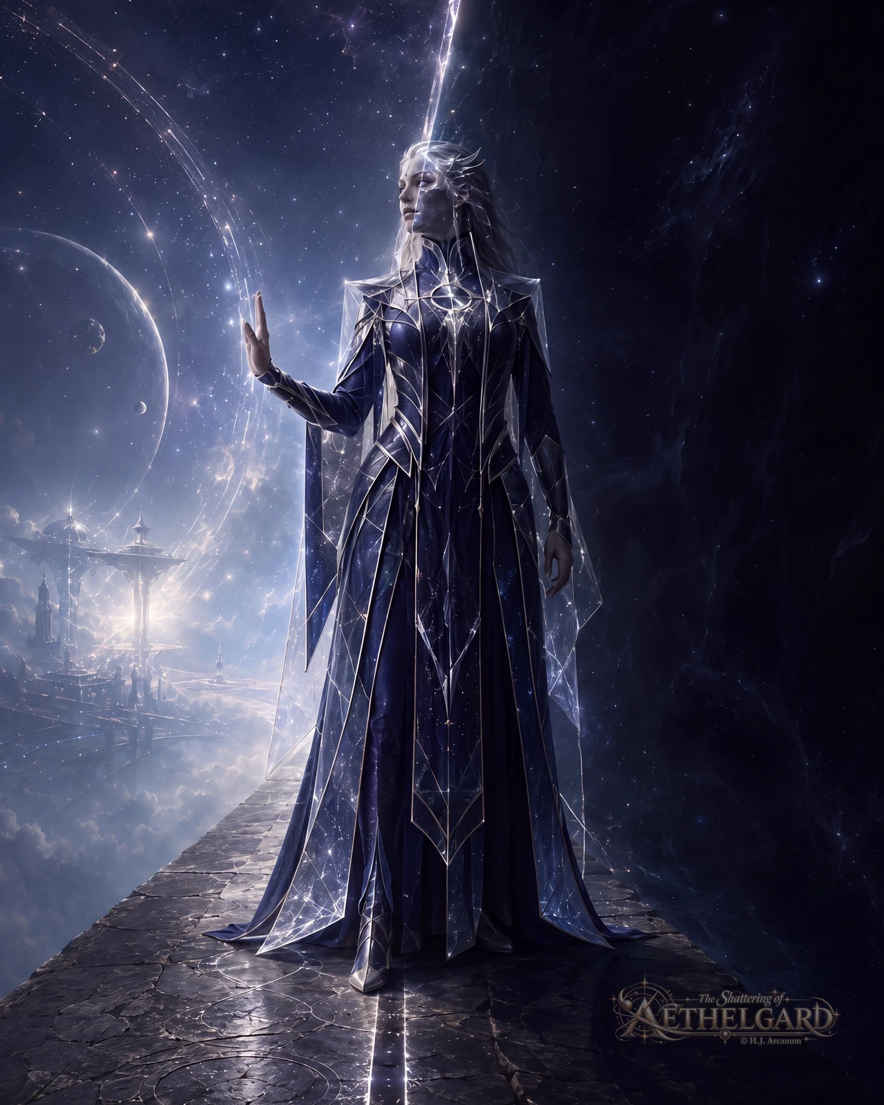 White-haired figure in a starlit blue robe standing on a cosmic walkway, one hand raised to a beam of light.