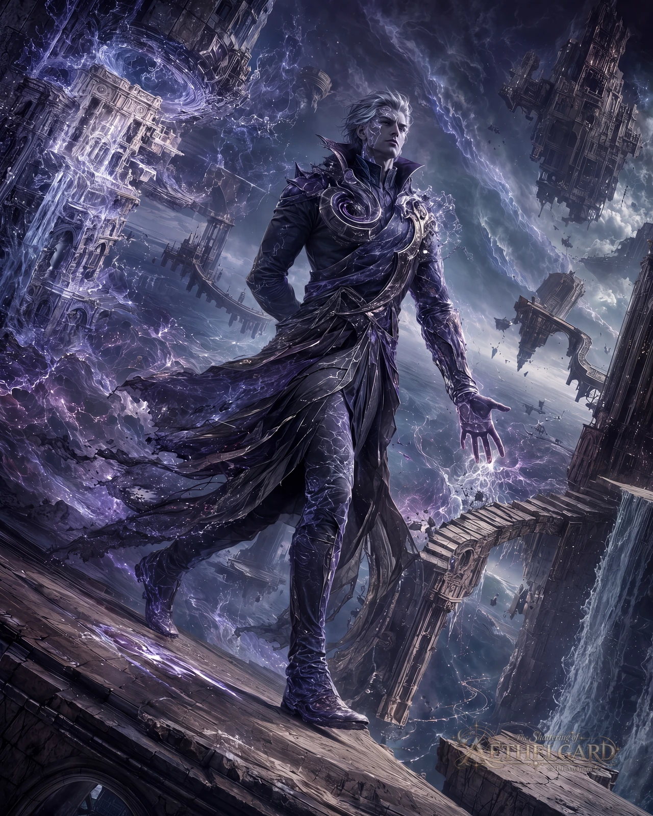 Pale figure in purple chaotic armour striding across a broken ledge amid floating ruins and storm-light.