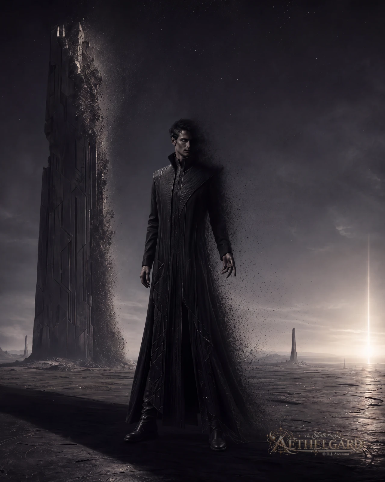 Dark-coated figure standing in a barren grey landscape as their form dissolves into drifting shadow.