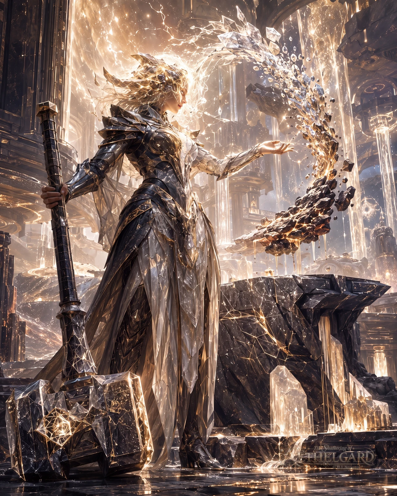 Armoured figure with luminous hair, holding a crystal hammer while stone and light swirl from one hand.