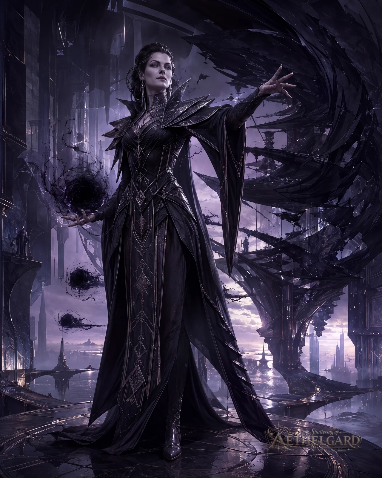 Woman in spined black robes summoning dark vortexes amid a violet city of shadow and glass.