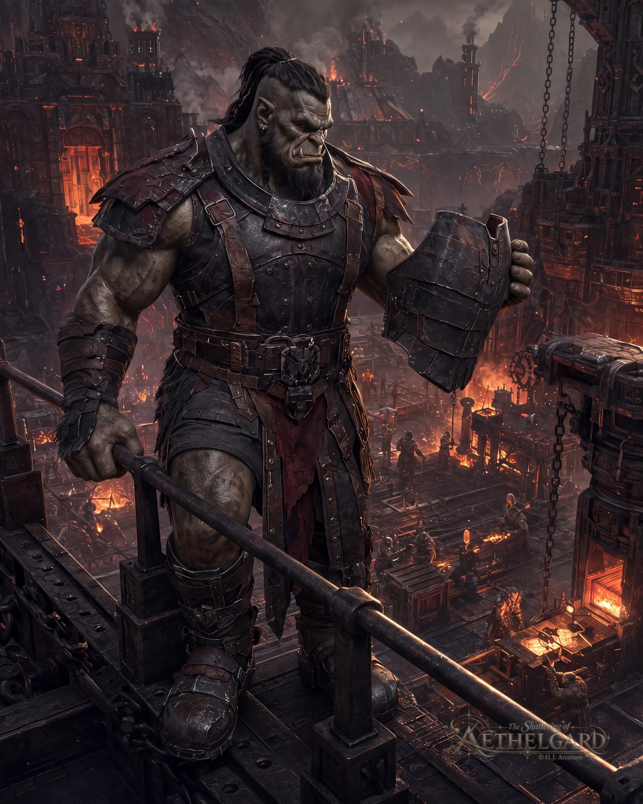 Orc warlord in dark iron armour on a foundry gantry, inspecting a metal plate above molten works.
