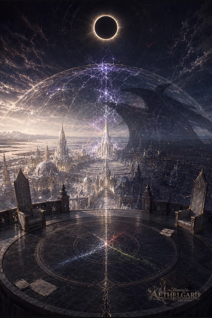 Zwei leere Steinthrone blicken auf eine weiße Stadt unter einer knisternden Energiekuppel; über dem verdunkelten Horizont steht eine Sonnenfinsternis.