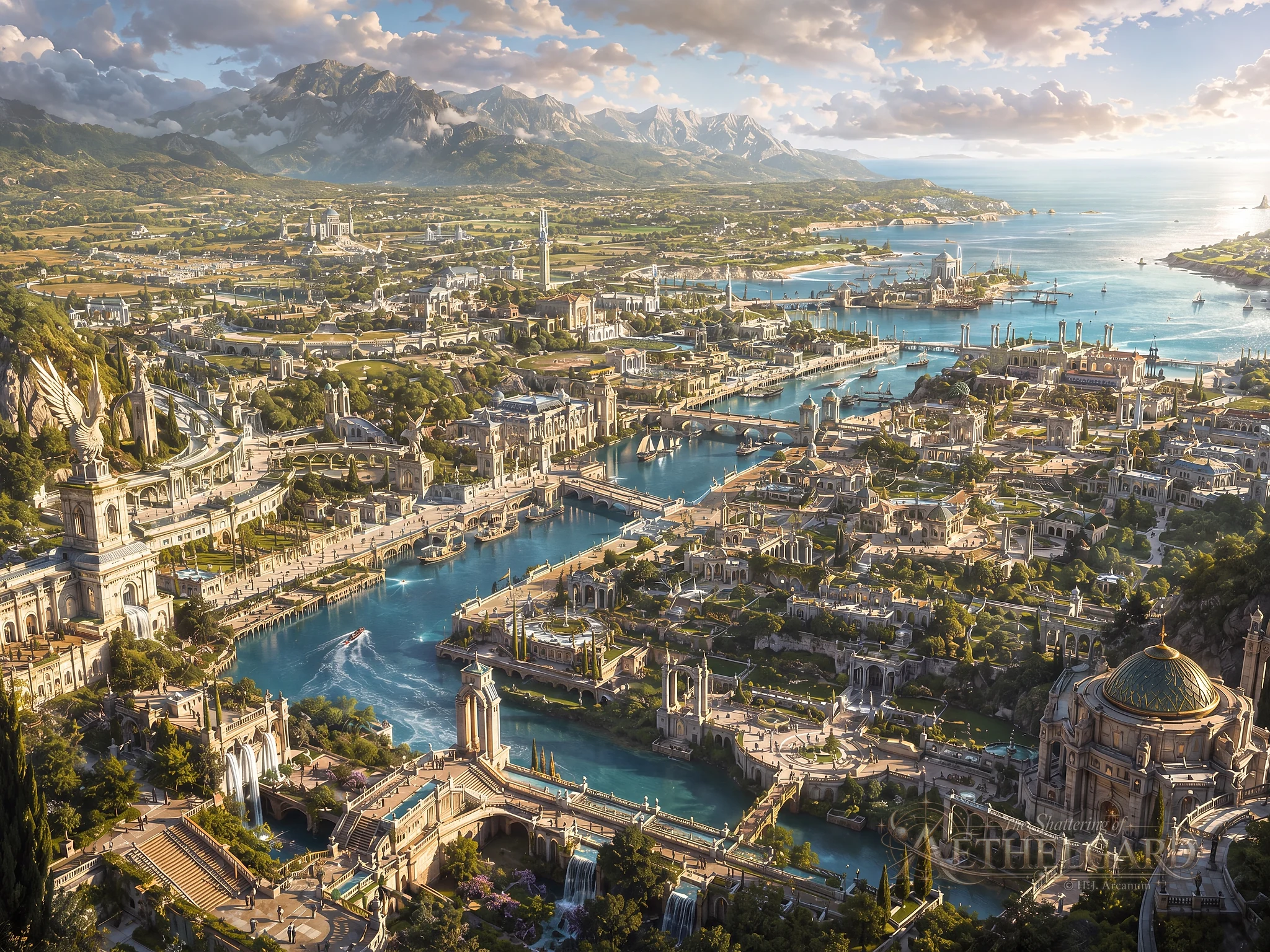 Ancient Veridia spreads across the fertile Veridian Shore, with pale-stone districts, gardens, bridges, pristine waterways and a bright coastal harbour beneath the mountains.