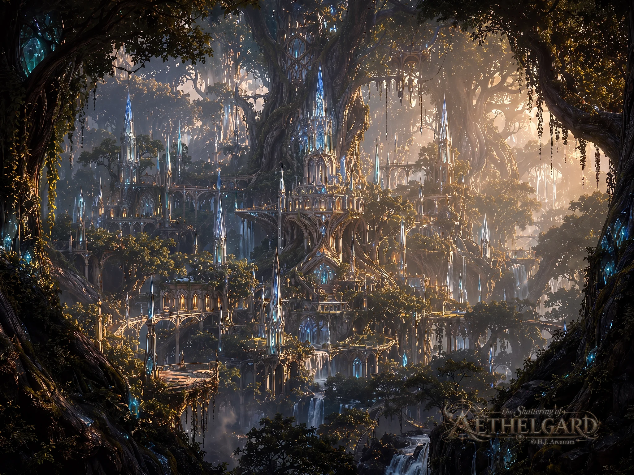 Aethelheart rises through colossal trees of the Emerald Expanse, where crystal spires, living architecture, bridges and waterfalls fill the forest canopy.
