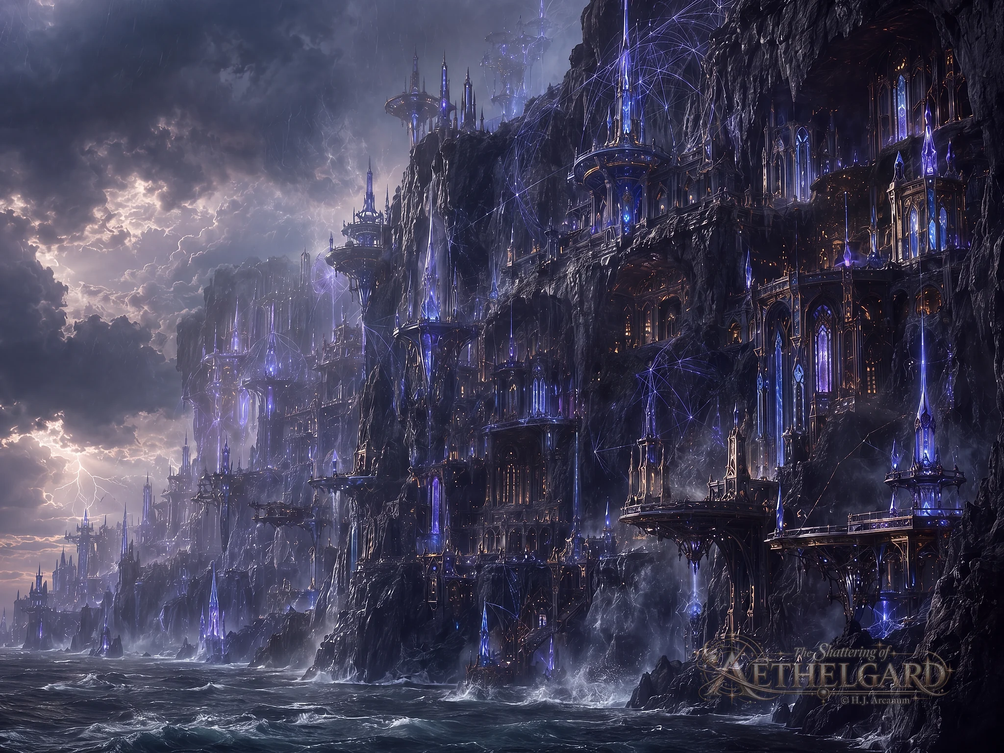 Arcanum se alza entre los acantilados oscurecidos por tormentas de Sunken Coast, con agujas de cristal violeta, plataformas suspendidas y galerías arcanas integradas en la roca sobre el mar.