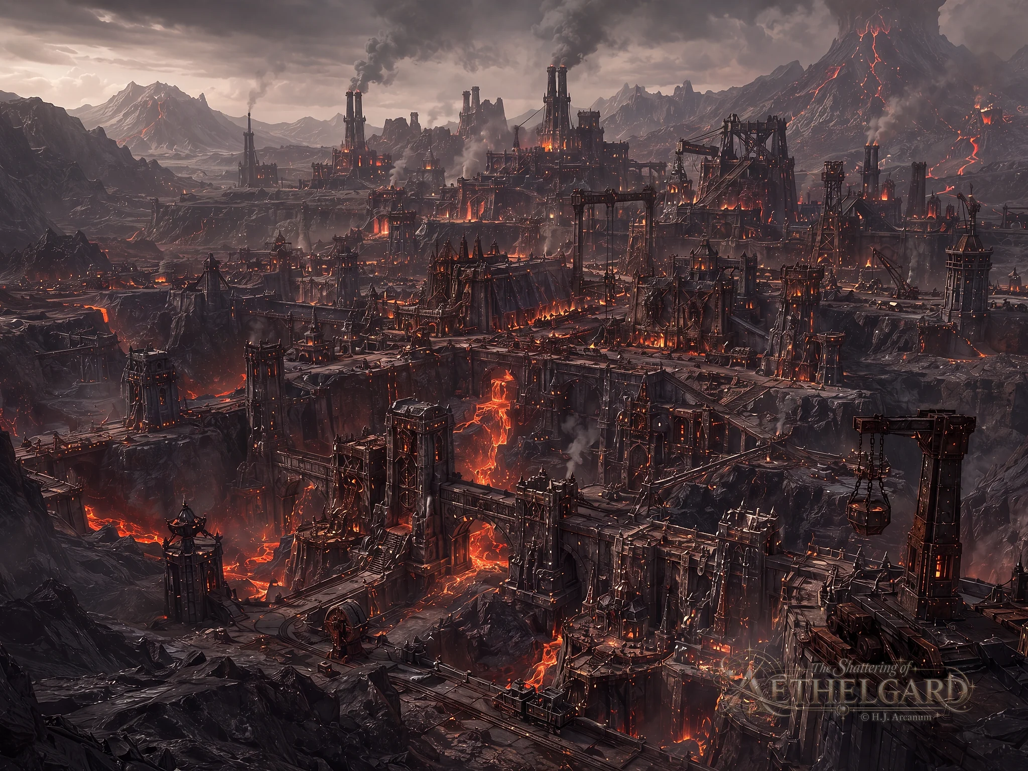 Grolmar заполняет вулканические Ashfall Wastes базальтовыми укреплениями, кузнечными залами, промышленными башнями, мостами и литейными, питаемыми лавой.