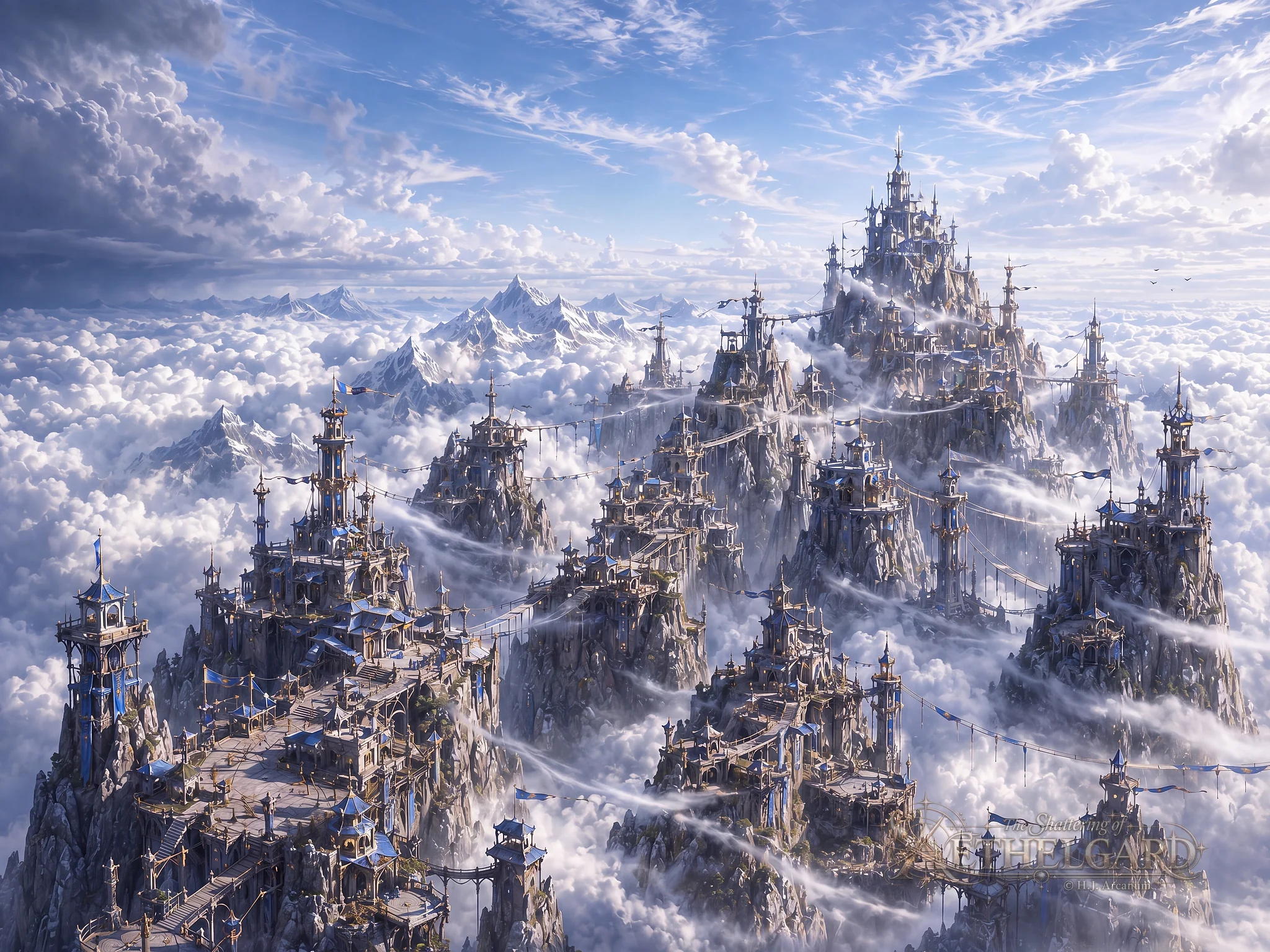 Skyreach spannt sich über mehrere hohe Berggipfel über einem Wolkenmeer; helle Steintürme, Terrassen und Hängebrücken verbinden das Stadtnetz der Aerie Folk.
