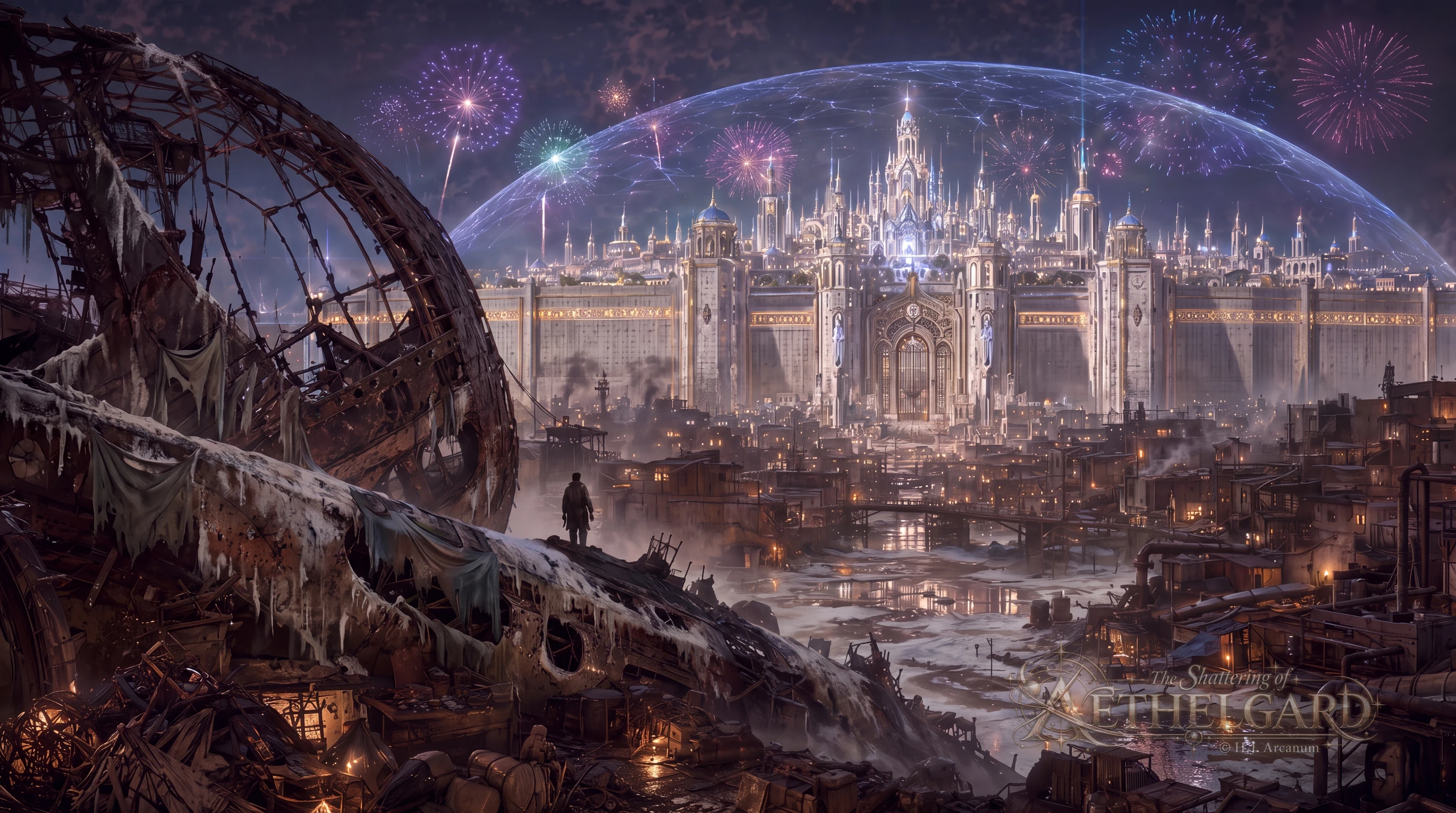 Aetheria en Año Nuevo de Edict 3601: los restos y calles contaminadas de Misery miran hacia el muro blanco de Anti-Magic Stone, Gate of Ascension y Radiant iluminada por fuegos artificiales bajo su Dome mágico.