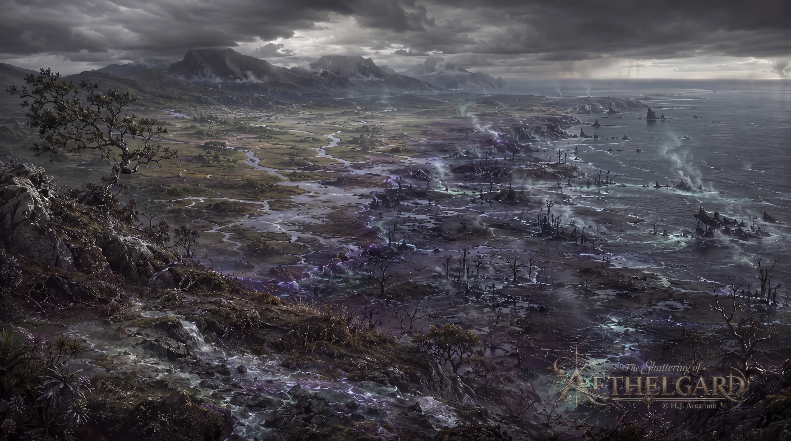 Veridian Shore después de la guerra, con canales iluminados por una luz de plaga mientras la costa se oscurece hacia Sunken Coast.