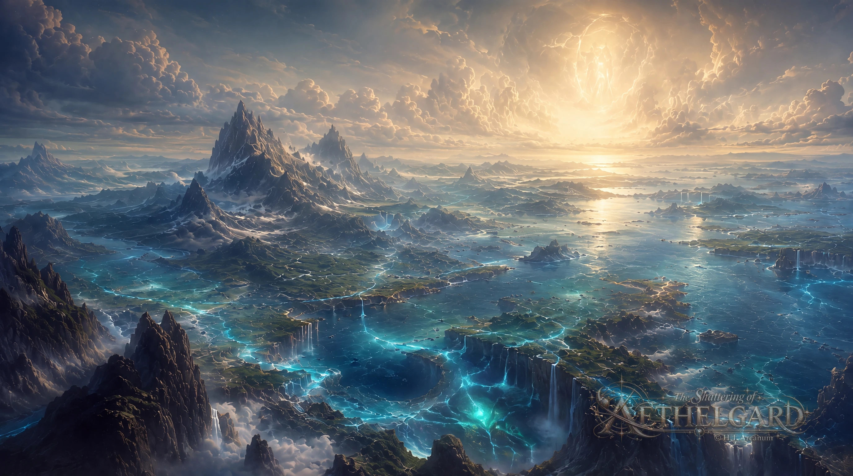 Un Aethelgard primordial de montañas dentadas, islas con cascadas y aguas luminosas bajo una luz dorada que irrumpe.