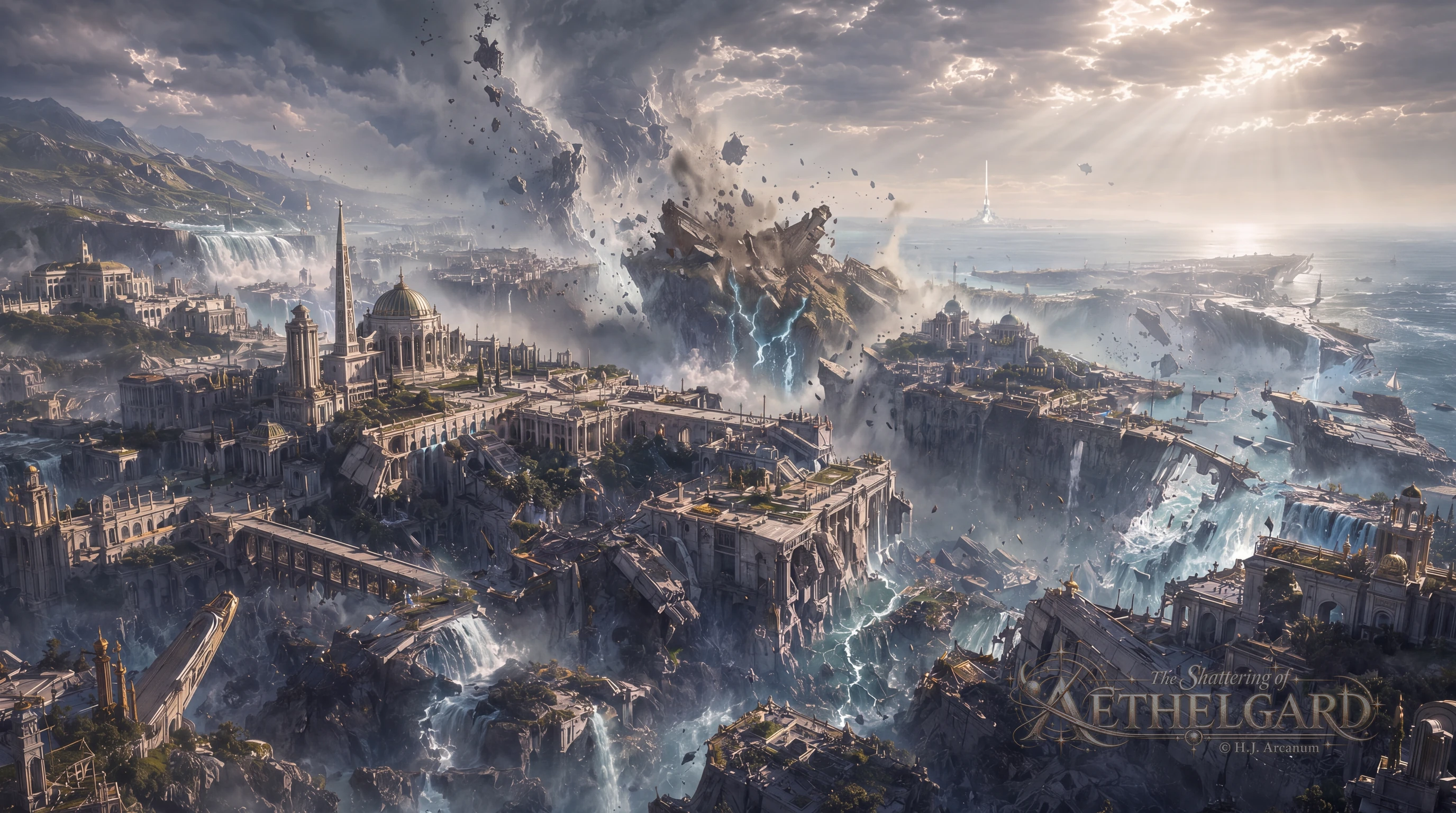 Veridia, First City, se desgarra mientras palacios, puentes y acantilados se elevan hacia una tormenta de ruptura sobre el mar.