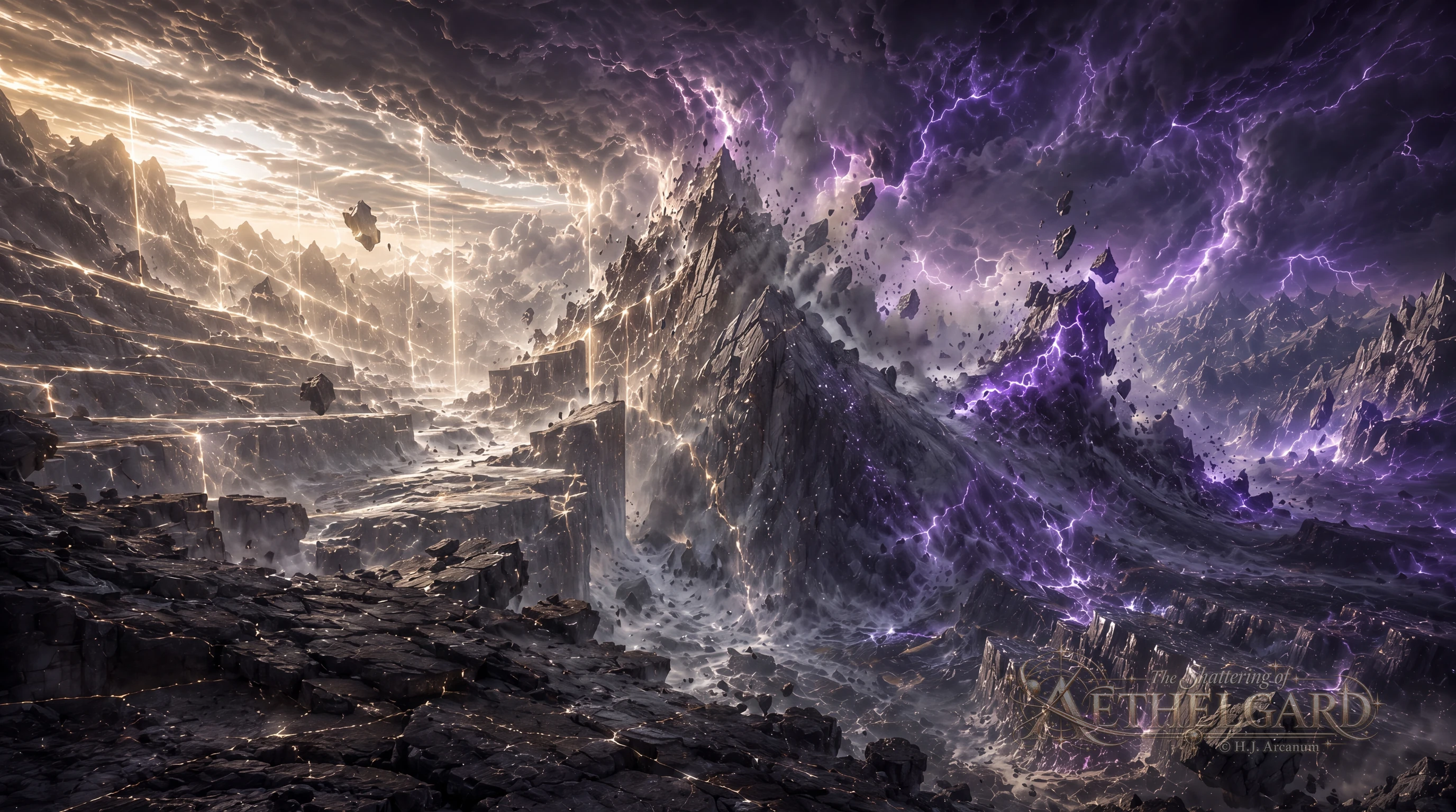 Durante First Celestial War, las cordilleras se parten entre columnas de luz dorada y una violenta tormenta violeta.