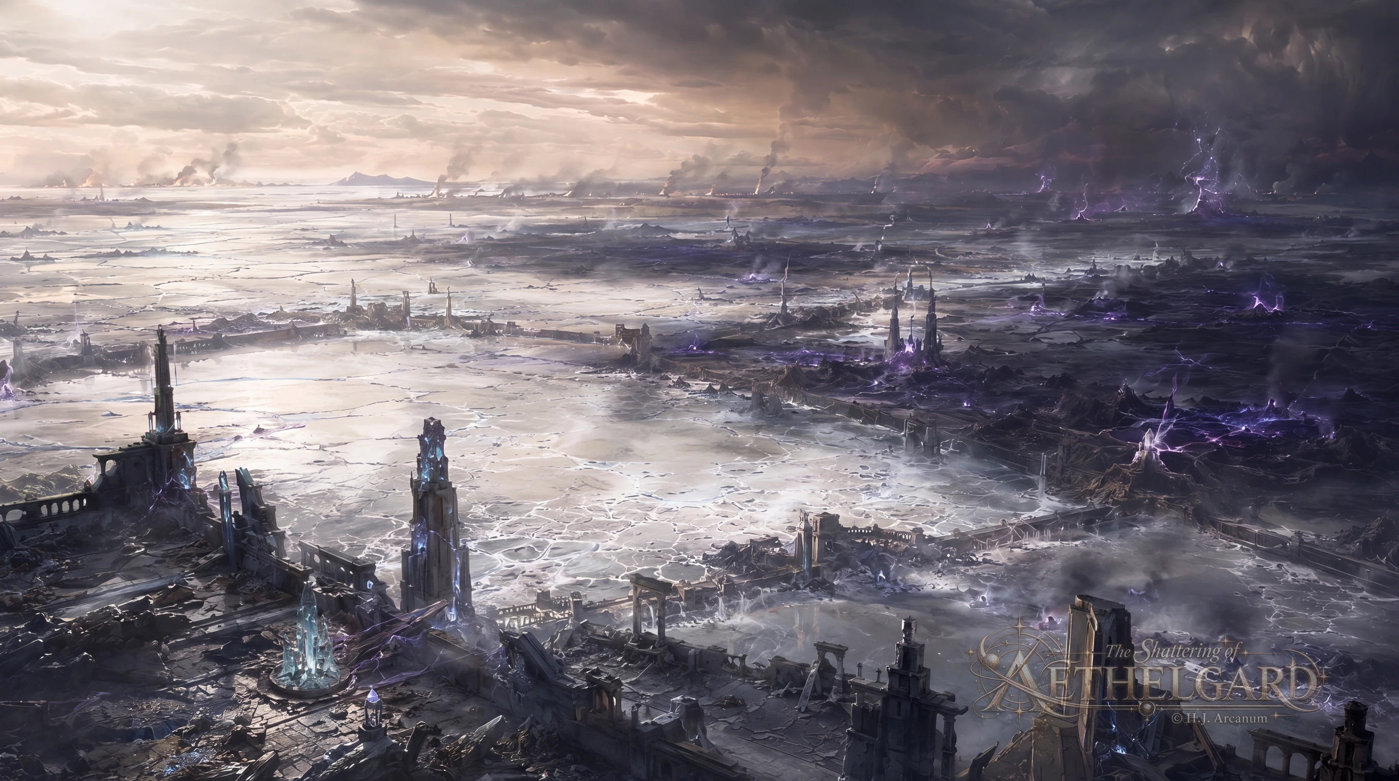 Eine zerstörte Stadt unter sturmdunklem Himmel, mit violetten Blitzen über aufgerissenem Boden am Ende von Second Celestial War.