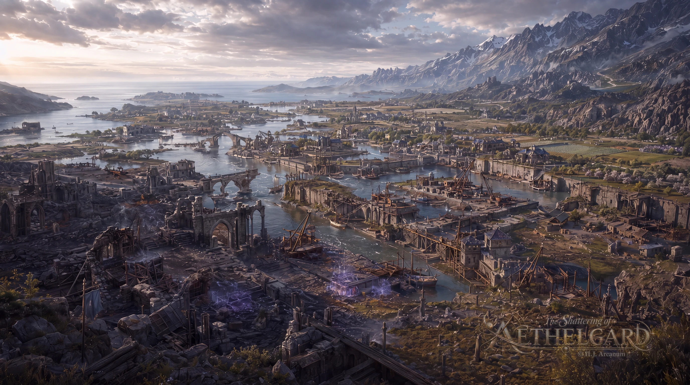 Havenstone se reconstruye a lo largo de sus canales durante los Silent Years, con andamios, grúas y laderas montañosas alrededor.